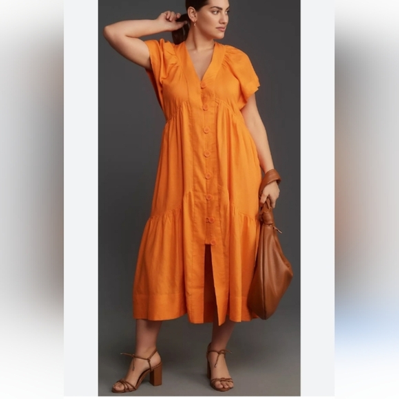 Antropologie Flutter Sleeves Linen Button Front Midi Dress Sz-L - Picture 1 of 7